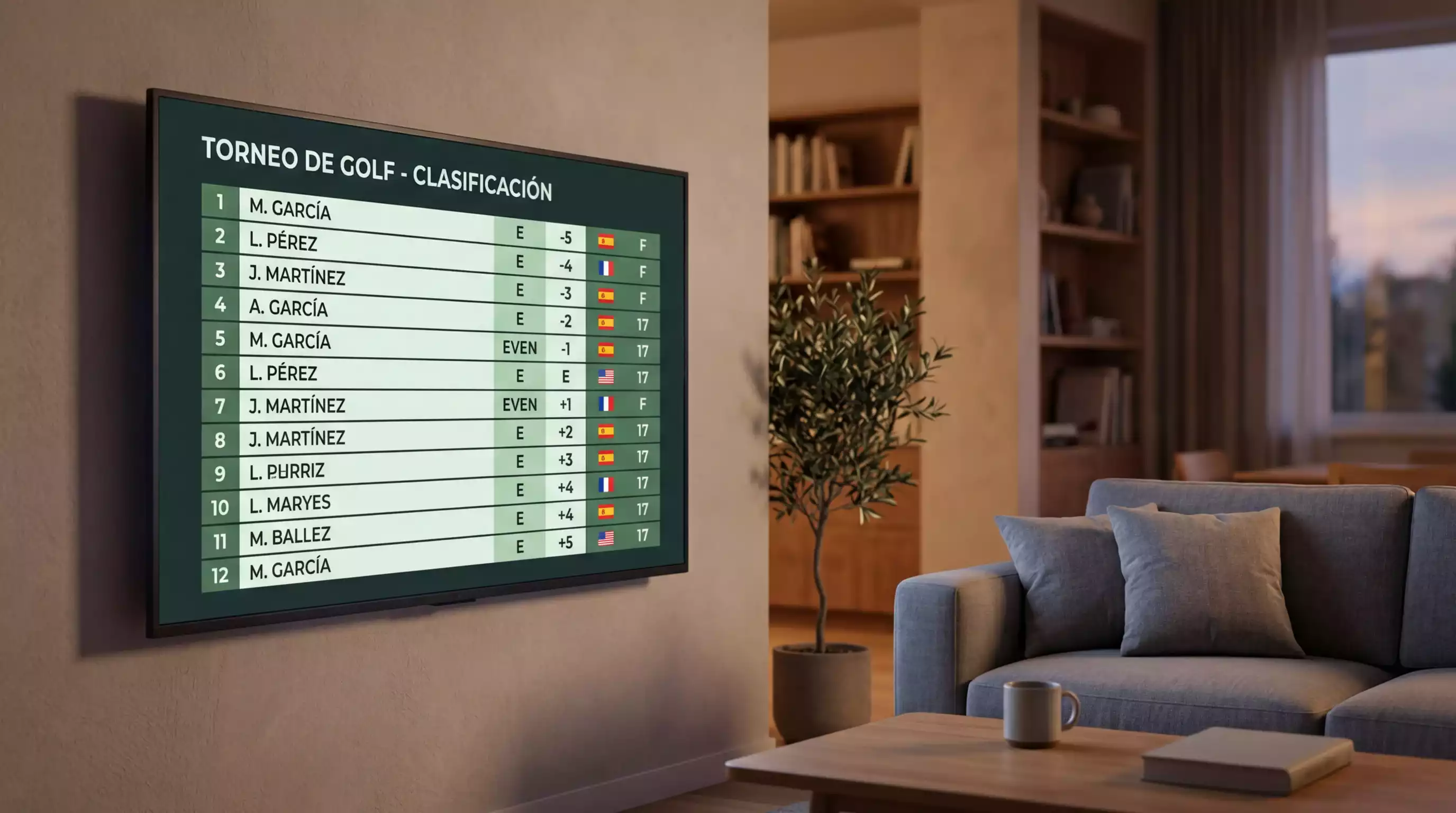 Pantalla con cuotas de apuestas de golf en un torneo profesional del PGA Tour