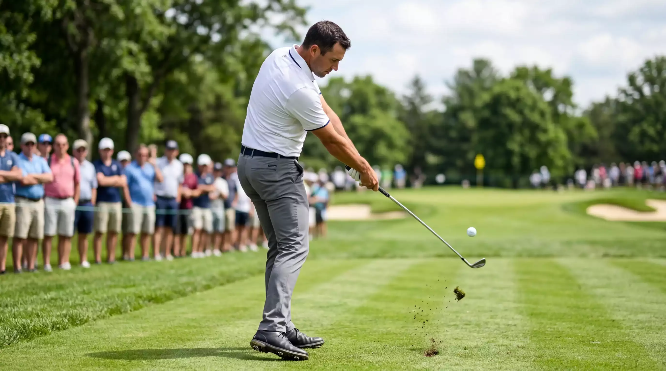 Jugador de golf profesional realizando un approach shot durante un torneo con público de fondo